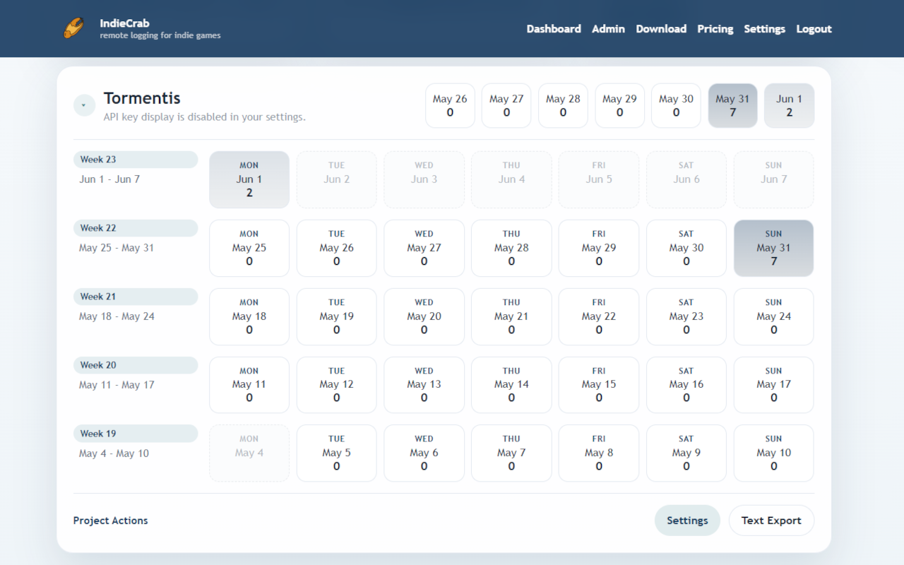 IndieCrab project dashboard with daily log counts and links to each day's messages